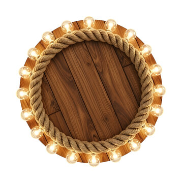 Circular Wooden Signboard Mockup With Rope Border And Bright Glowing Light Bulbs