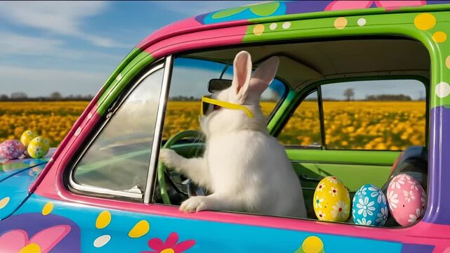 White rabbit in sunglasses driving colorful vintage car with Easter eggs through yellow flower field under blue sky for holiday celebration