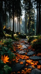Enchanting woodland mood with richly colored fall leaves sparkling with water droplets in low light