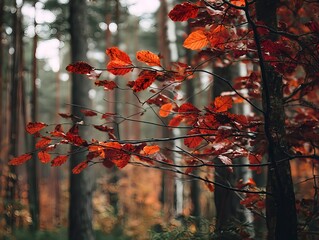 Serene forest pathway covered with fallen orange leaves under towering trees in gentle morning fog
