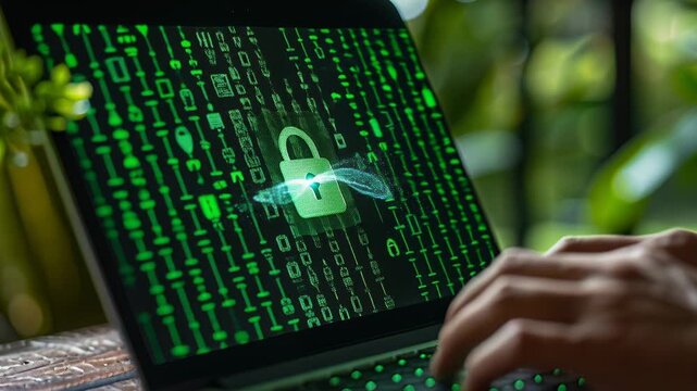 unknown person typing on laptop keyboard under glowing holographic padlock, streaming data points and bokeh lights, teal and orange tones, hands in knitted