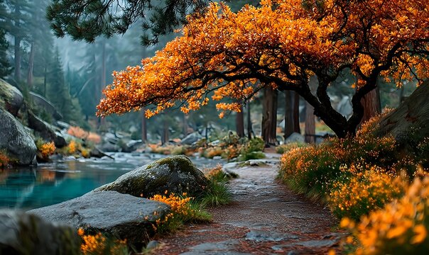 Serene forest pathway covered with fallen orange leaves under towering trees in gentle morning fog