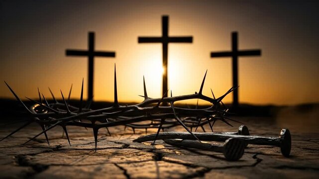 Crown of thorns and rusty nails on dry cracked earth with three crosses silhouetted against a dramatic sunset sky