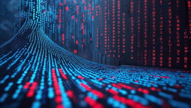 Abstract digital data stream flowing with binary code and red characters on a dark background