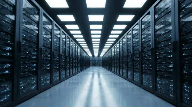 A long dark server room with rows of computer racks and bright blue glowing lights overhead.
