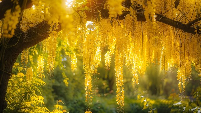 Cascading golden laburnum flowers, sunlight through tree branches