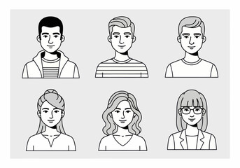 Fototapeta premium Set of Minimalist People Avatar Portraits: Diverse Male and Female User Profile Icons in Grayscale Line Art Style for Website, Mobile App UI, and Social Media Member Character Design.
