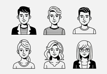 Fototapeta premium Set of Minimalist People Avatar Portraits: Diverse Male and Female User Profile Icons in Grayscale Line Art Style for Website, Mobile App UI, and Social Media Member Character Design.