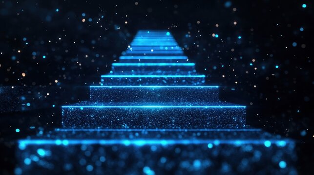 Abstract glowing neon flowchart in the shape of ascending stairs or a decision tree, representing business strategy, career growth, financial progress, and success steps - or biblical Jacob's ladder.