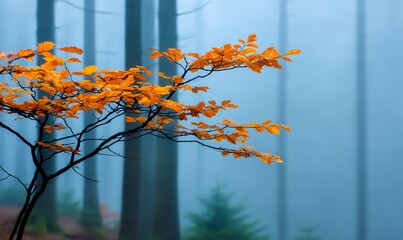Rain droplets clinging to vivid fall foliage with soft bokeh forest light creating a calm seasonal mood