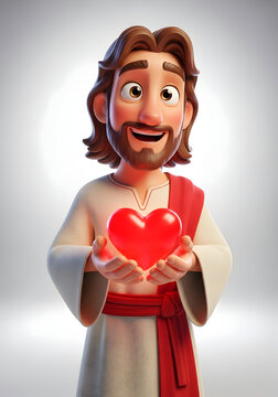Friendly Cartoon Style Jesus Christ Holding A Glowing Red Heart With Divine Love