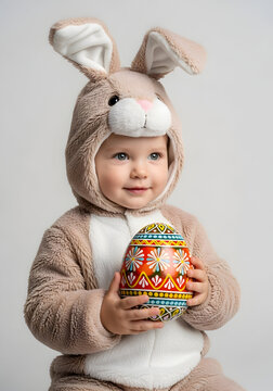 Cute Caucasian Baby Boy Wearing Rabbit Ears Costume Playing With Large Egg