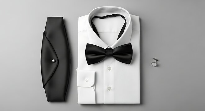 Formal Black Bow Tie and White Dress Shirt with Cufflinks and Cummerbund.
