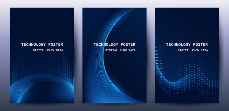 Technology Banner Poster set. Futuristic digital data wave glowing lines. Data science concept tech banner, corporate business presentation or booklet technology