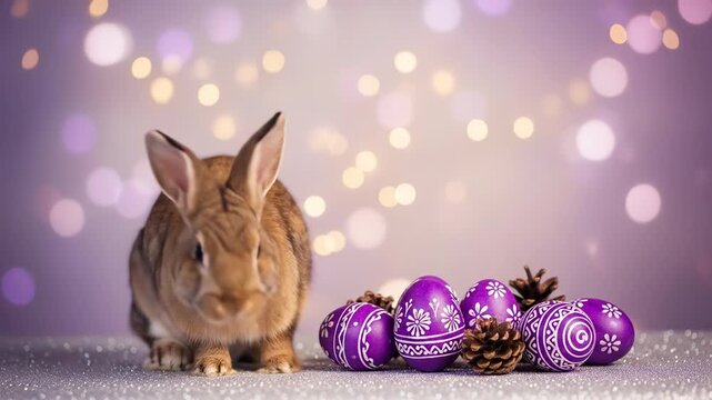 Adorable small rabbit sits next to decorated purple Easter eggs on a glittery surface with bokeh lights