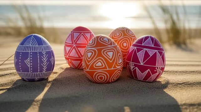 Group of colorful decorated traditional Easter eggs sitting on a sandy beach shore at golden hour with ocean view
