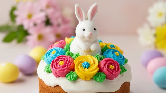 Easter cake with white bunny figurine and colorful icing flowers
