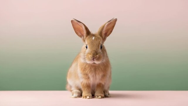 A cute domestic bunny sitting on a pastel pink surface with a soft gradient background perfect for springtime