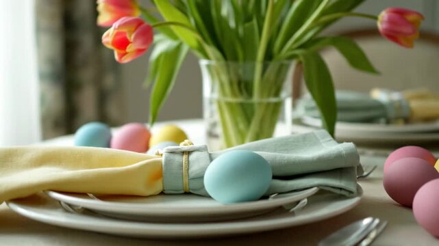 Colorful Easter table setting with flowers, eggs, and napkins arranged beautifully