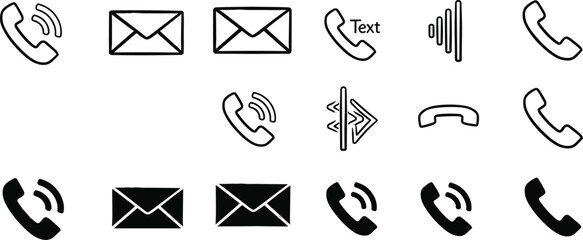 Collection of various phone, email, and communication icons in different styles and line weights displayed together