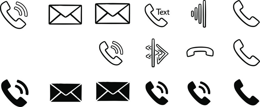 Collection of various phone, email, and communication icons in different styles and line weights displayed together