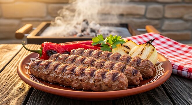 Bulgarian kebapche, three elongated grilled minced meat rolls with perfect grill marks, arranged on handmade red clay platter on dark aged wooden table. 