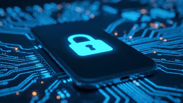 Digital padlock icon glows on a smartphone screen against a circuit board backdrop with blue and orange lights.