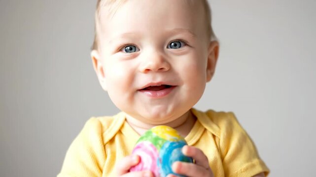Baby smiles while holding colorful ball, bright background with soft lighting