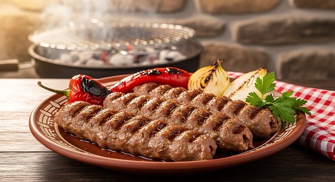 Bulgarian kebapche, three elongated grilled minced meat rolls with perfect grill marks, arranged on handmade red clay platter on dark aged wooden table. 