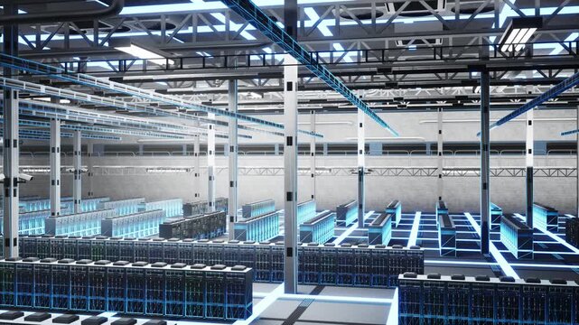 Artificial intelligence, machine learning and glowing blue hologram in server room. Visual effects of neural network and deep learning infrastructure simulation of data processing