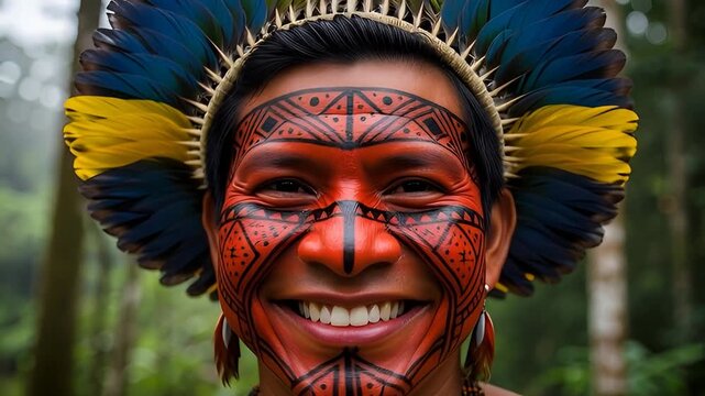Indigenous Smile: A vibrant portrait of an indigenous individual, adorned with intricate face paint and a striking feathered headdress, radiating warmth and cultural pride.