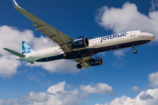ST MARTIN, ANTILLES &ndash; JAN 23, 2026: Jet Blue airlines passenger airplane against a bright sky