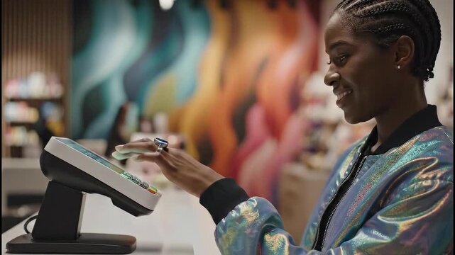 A focused woman uses a contactless payment method at a terminal, showcasing modern payment technology in a retail setting.