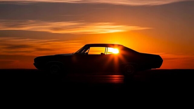 Sunset Drive: An emblematic classic car silhouetted against a breathtaking sunset, driving on a road, a scene that evokes feelings of freedom, travel, and adventure. 