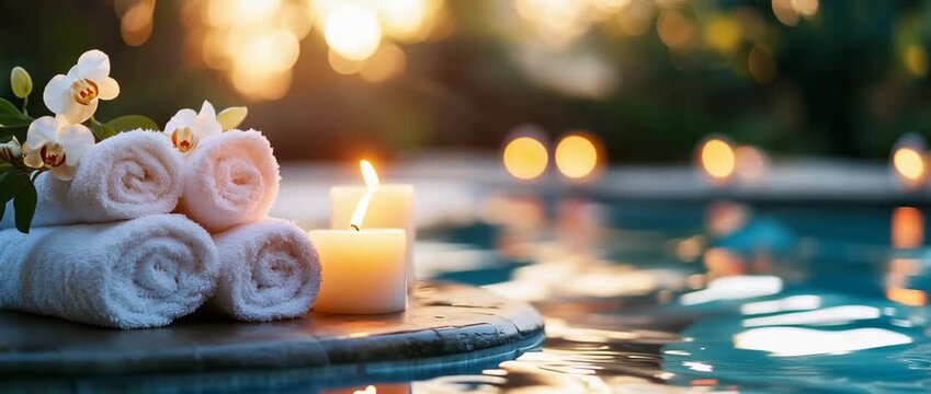 Luxury spa setting with rolled white towels and burning candles near a jacuzzi pool during sunset, representing wellness, hygiene, relaxation, and romantic atmosphere
