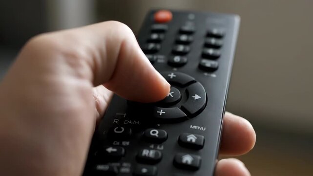 Close up of a hand holding a black remote control and pressing a button.