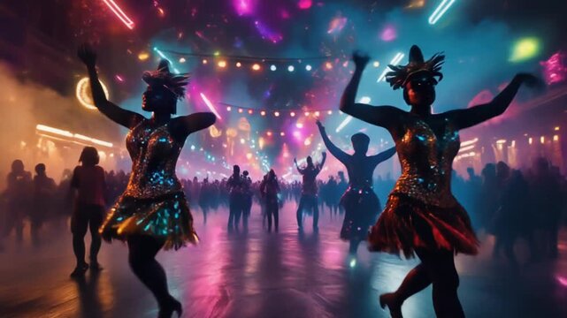 Wide Angle Carnival Parade Scene with Abstract Performers Silhouettes, Rhythmic Dancing, Glowing Lights, and Cinematic Festival Energy