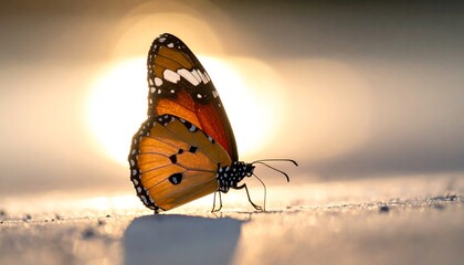 Obraz premium A vibrant butterfly rests, basking in the glow of the sunset. Close-up showcases wing details. Blurry, sunlit background