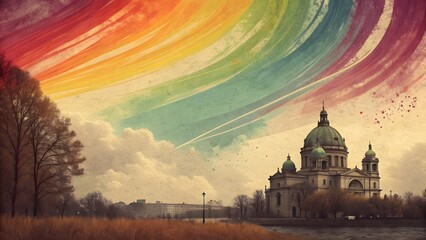 Obraz premium Vibrant rainbow hues over historic building with stunning dome