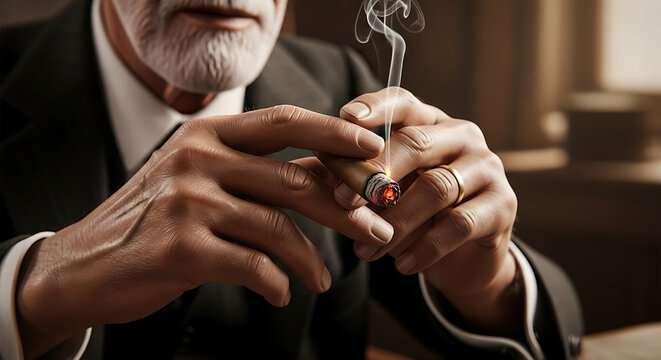 Photorealistic skin texture and close-up of Freud's hands clutching a cigar