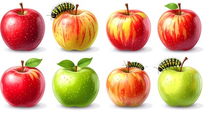 A vibrant collection of realistic apples in various colors and stages of ripeness, with two featuring caterpillars