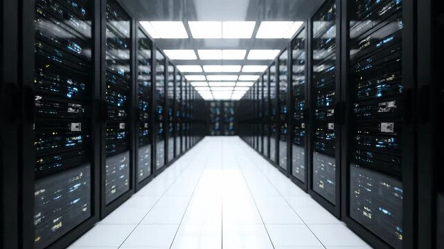 A long illuminated corridor in a modern data center with rows of server racks glowing with blue and yellow lights.