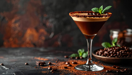 A coffee martini topped with a chocolate garnish, displayed on a dark velvet background.