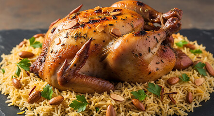 Roasted Chicken on Rice with Almonds