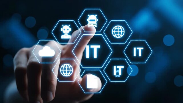 Fingertip touching digital screen with IT icons cloud robot truck globe and gears.