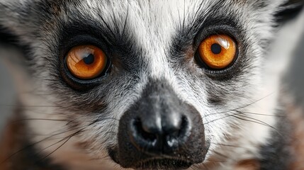 Fototapeta premium Close-up portrait of a ring-tailed lemur with striking orange eyes, looking directly at the camera.
