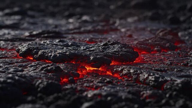 Solidifying lava detail. Close-up of lava solidifying on dark earth, glowing seams shrinking as the surface becomes rigid.