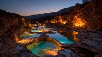 Nighttime Serenity - Illuminated Pools and Rocky Terrain in a Mountainous Landscape.