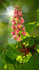 Close-up of pink flower spike with green leaves and sunlight creating bokeh effect