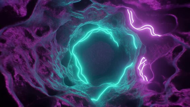 Abstract sci-fi tunnel with glowing neon lines and organic cave texture loop